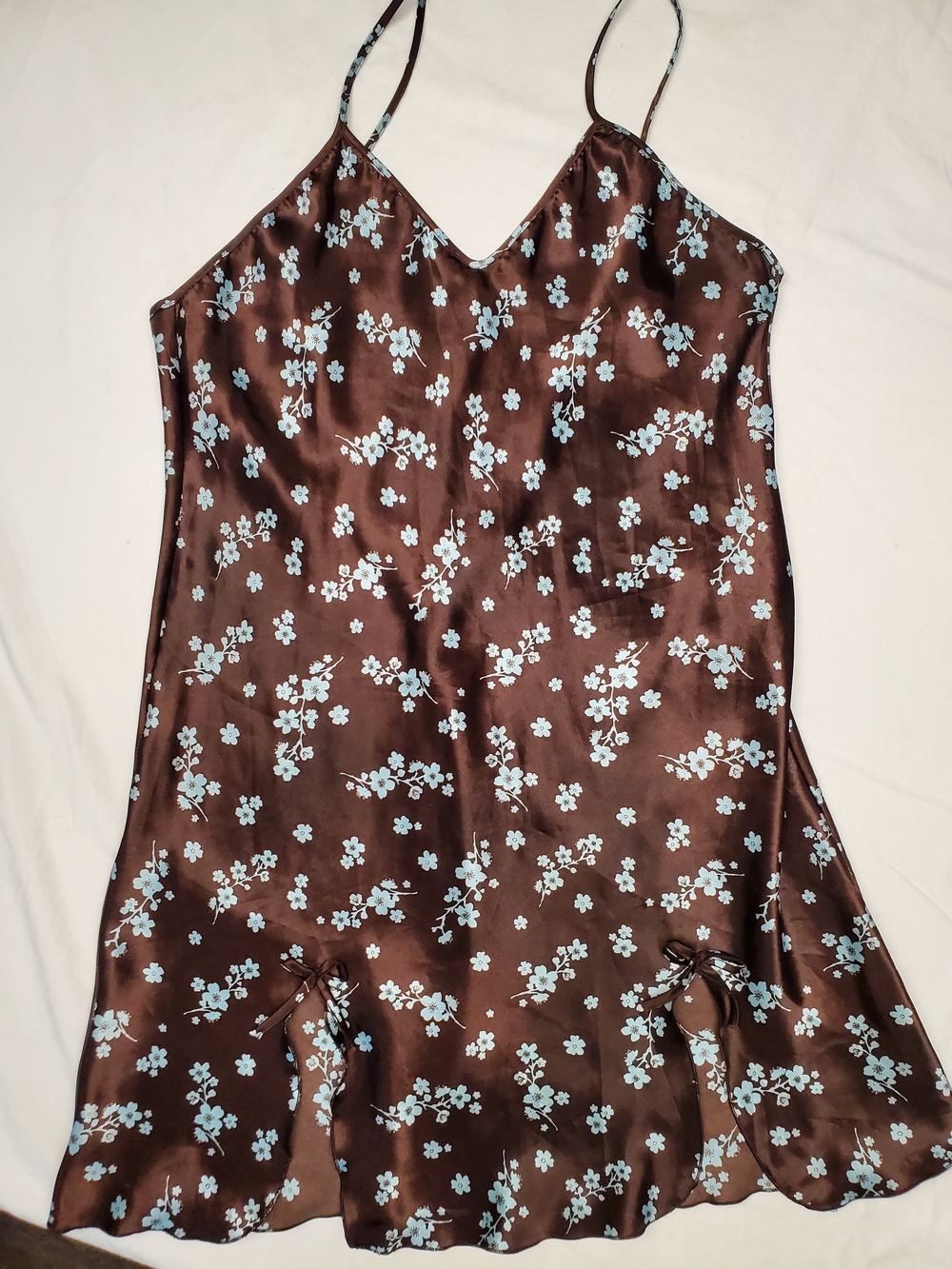 Y2K Satin Floral Cami Top XL Brown Blue Slip Tank Coquette Fairy Grunge 90s